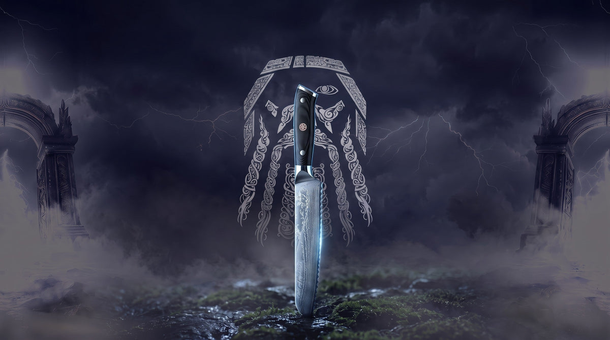 Odin line-art over a stormy northern sky