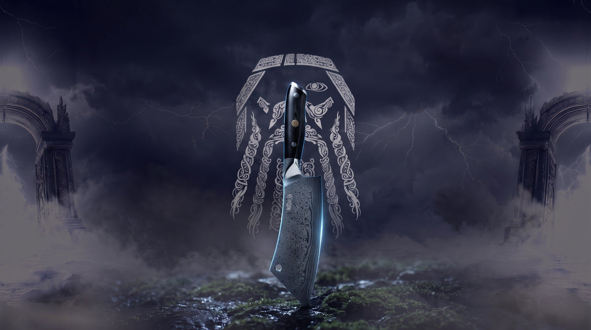 Odin line-art over a stormy northern sky